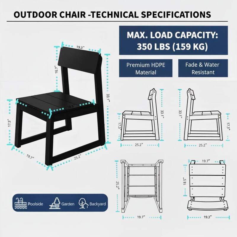 2-Pack HDPE Indoor/Outdoor Dining Chairs, All-Weather Garden & Patio Side Chairs with Modern Backrest