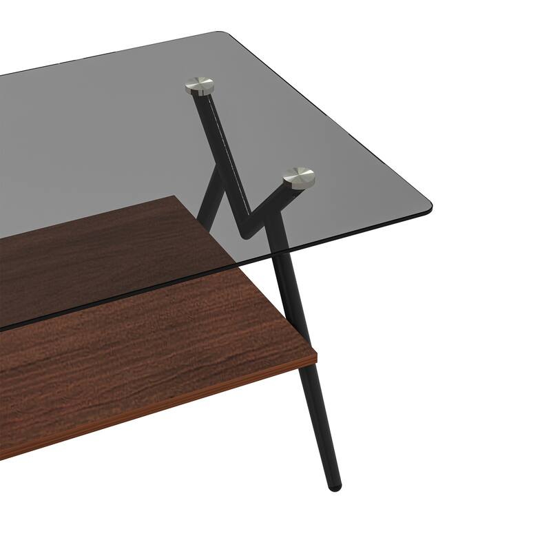 Rectangle Coffee Table with Tempered Glass Top and Shelf