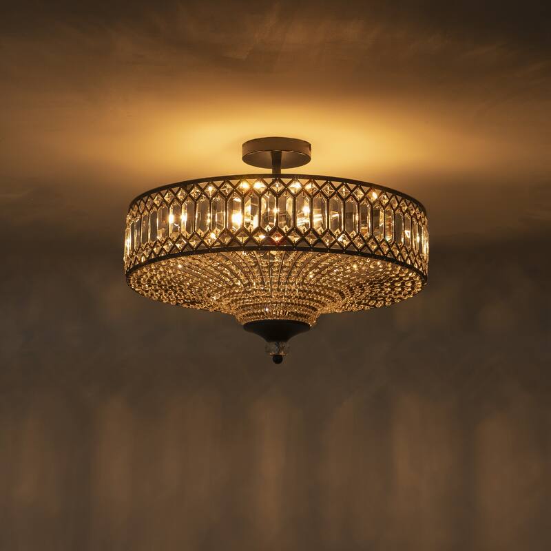 6 Light Matte Black Crystal Semi Flush Mount Ceiling Light Fixture - W19.6"