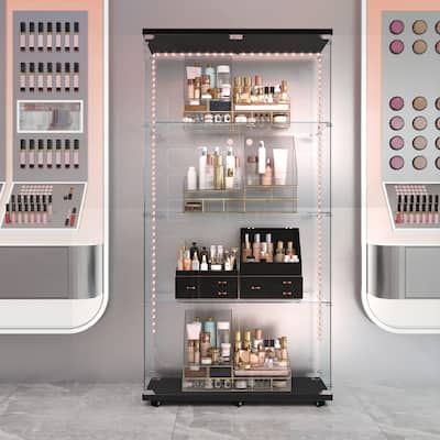 Versatile Tempered Glass Cabinet with Lock and Bluetooth LED Strip for Various Rooms