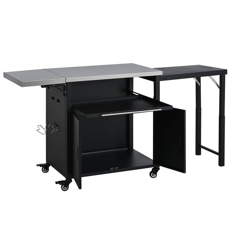 Foldable Outdoor Prep Station BBQ Cart, Kitchen Island Grill Cart with Trash Rack and Storage Space