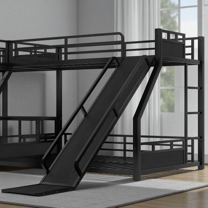 Metal Triple Bunk Bed with L-Shaped Desk, Storage Shelves & Slide, Twin/Twin XL over Full/Queen Space-Saving Loft Design