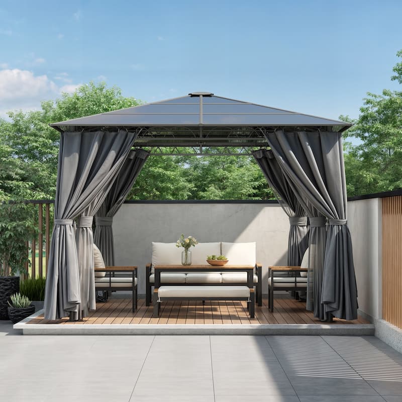10'x10' Hardtop Gazebo - Polycarbonate Roof, Aluminum Frame, Mosquito Net & Privacy Screens for Shade & Rain