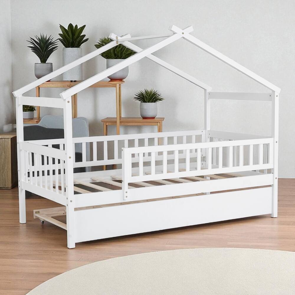 Twin Size Wooden House Bed with Trundle, Roof Design Platform Frame with Headboard for Kids, No Box Spring Needed