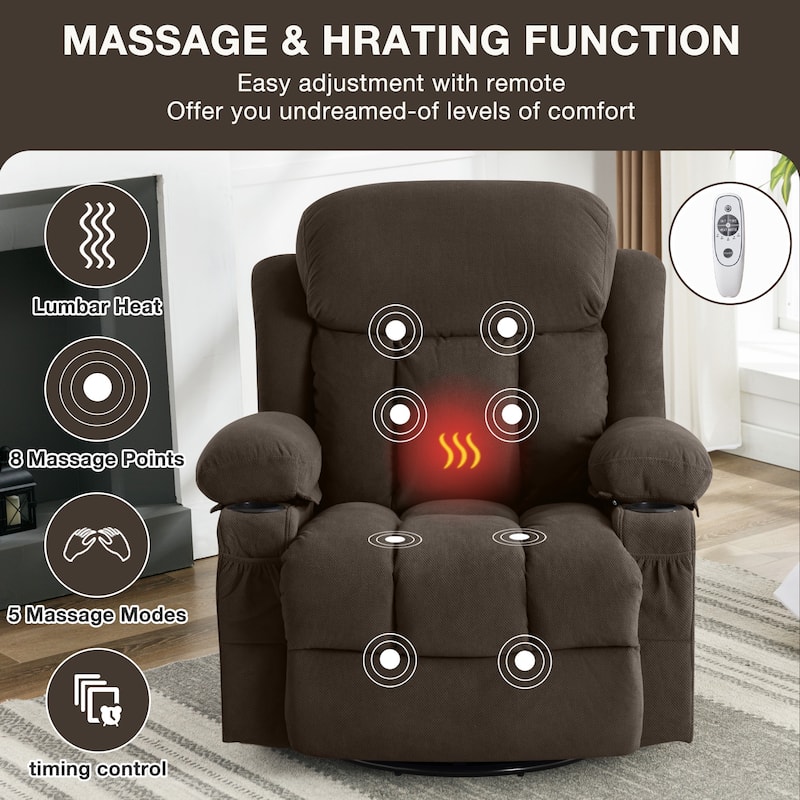 Swinging recliner massage heated sofa, with USB and 2 cup holders in side pockets