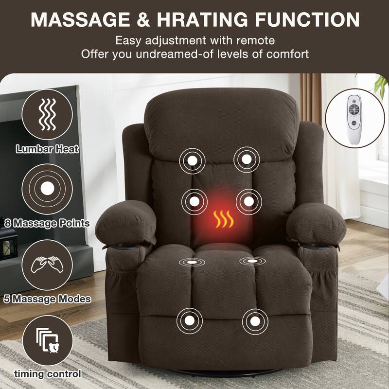 Velvet Massage Heated Sofa with USB and 2 cup Holders, 360° Swivel Chair with Side Pockets and Bread Shaped Armrest
