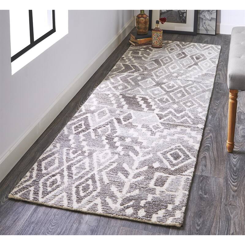 Palatez Lustrous Distressed Wool Rug, Vapor Gray/White, Accent Rug - 2'-6" x 8' - Snow White/Warm Dark Gray/Vapor Gray