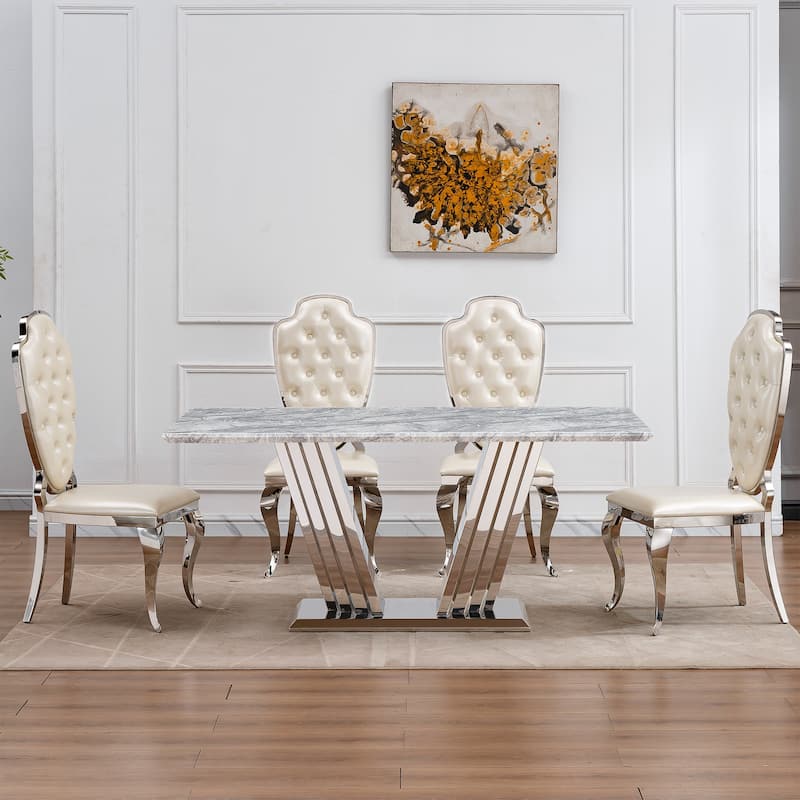 70'' Rectangle Faux Marble Dining Table with Mirrored Finish Stainless Steel Base - Grey+Silver