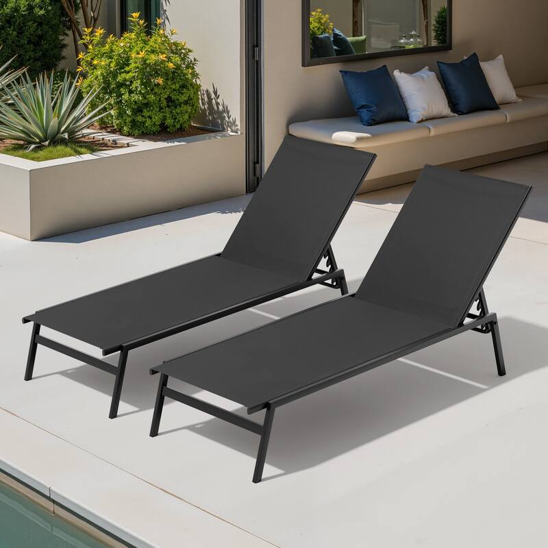 Outdoor Patio Adjustable Chaise Lounge Chairs Stackable Recliner - Black - 2PC