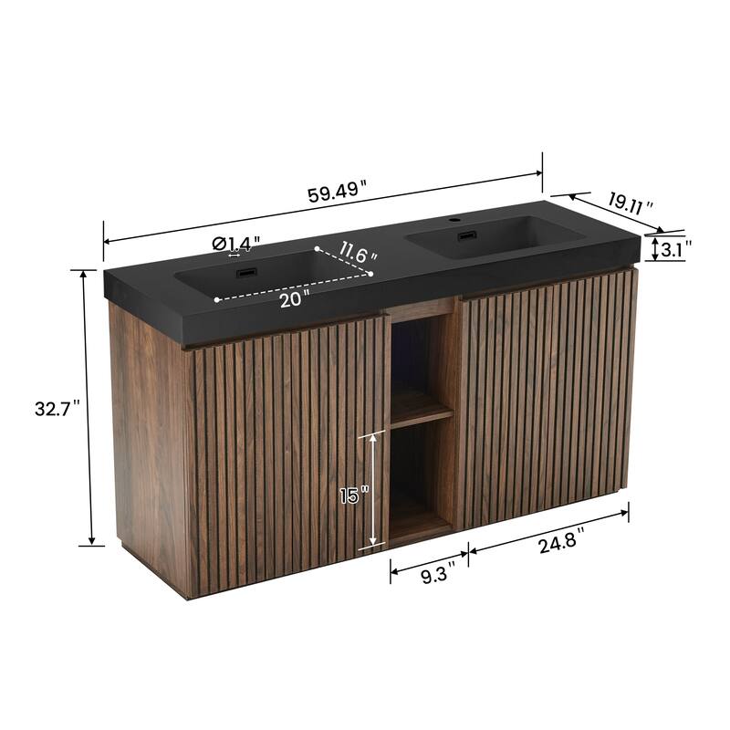 GDFStudio - Galan 60" Freestanding Bathroom Vanity with Quartz Sink, Solf Close Doors, Open Storage Shelf, NO Drain & Faucet