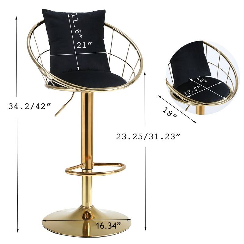 velvet bar chair, pure gold plated, 360 degree rotation, adjustable height,Suitable for dinning room and barset of 2