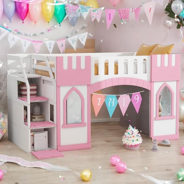slide 2 of 10, Elegant Twin Size Loft Bed with Storage Staircase and Window, Pink Pink