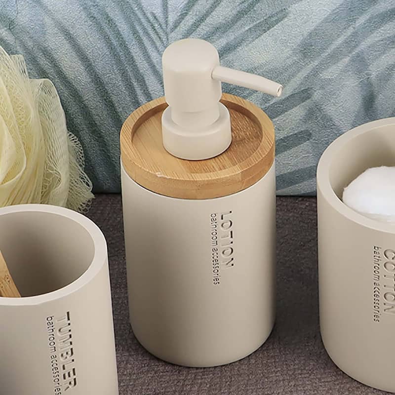 Elegant Soap Dispenser - Polyresin and Bamboo Design, Refillable Liquid Pump - 3 L x 3 W X 7 h - Beige