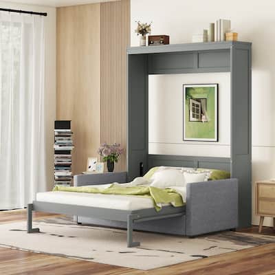 Gray Queen Size Multifunctional Murphy Bed with Cushion and Storage