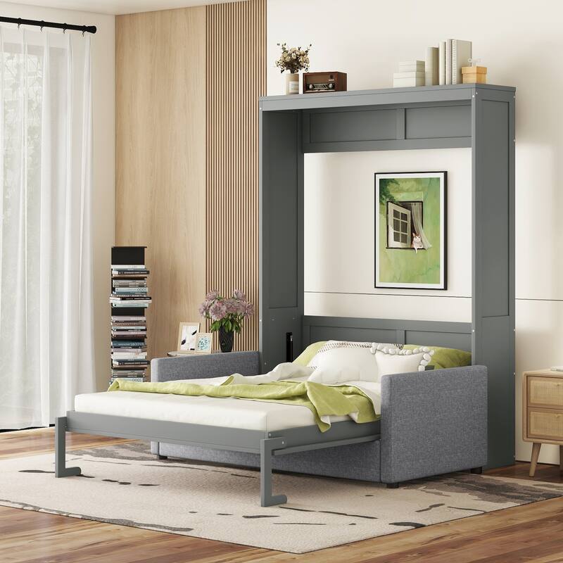 Queen Murphy Bed with Sofa, Built-in Storage, Folding Wall Bed with Pull-Down Design and Space-Saving Solution - Grey