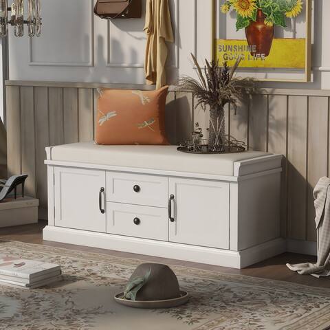 White Solid Wood 2-Drawer Entryway Storage Bench