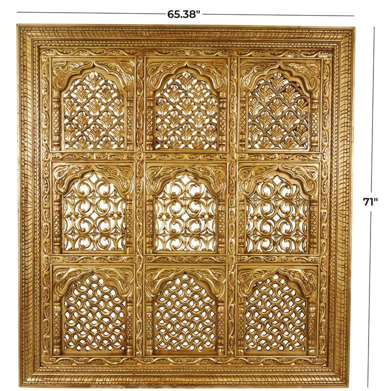 Mango Wood Scroll Handmade Intricately Carved 9 Panel Wall Decor with Engraved Details - Gold - Roche River Decor