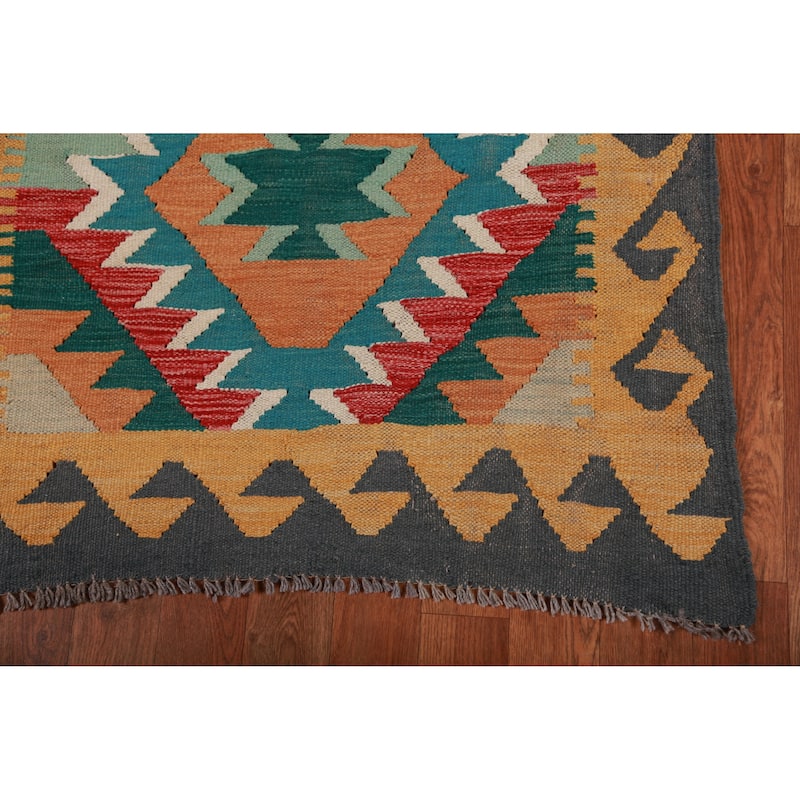 Hand Woven Oriental 100% Wool Carpet Southwestern Geometric Multi-Colored Kilim Runner Rug - 12' 8'' X 2' 9''