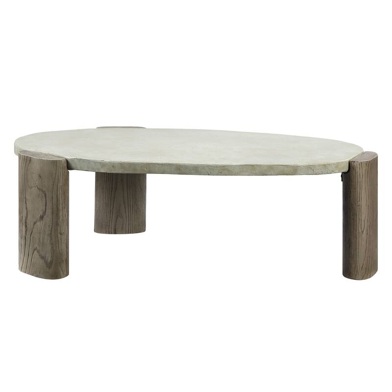HomeRoots 47" Beige and Oak Distressed Cement Oval Coffee Table - 47.00 in. x 16.00 in. x 28.00 in.