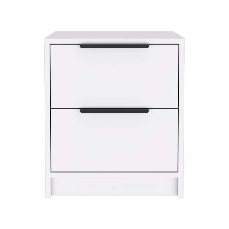 White Modern Nightstand with Two Drawers and Metal Hardware