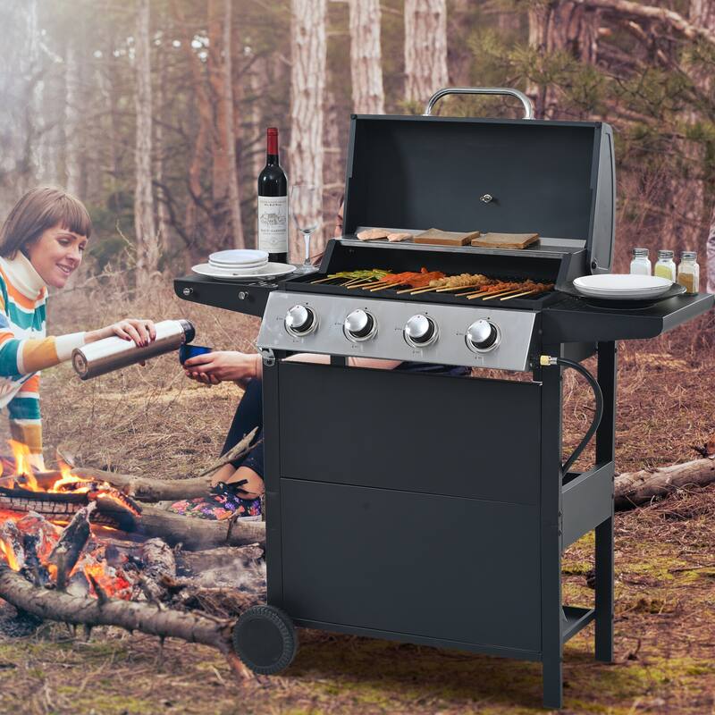 Propane Gas Grill 4 Burner Barbecue Grill, Stainless Steel Grill with 2 Shelves Lid Wheels and Bottle, for Opener Patio Garden