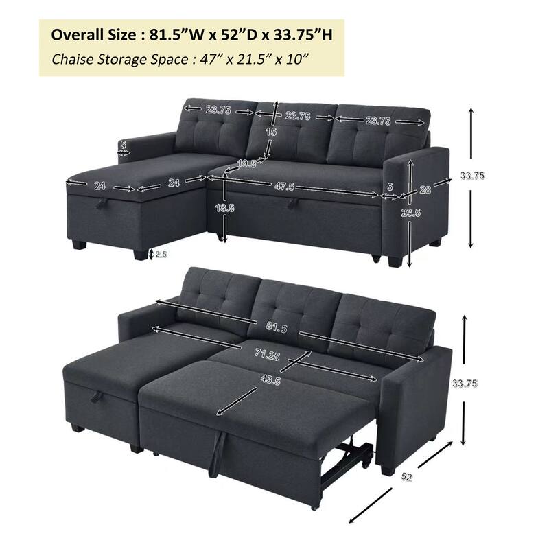 GDFStudio - Ethan Modern Pull-Out Sectional Sofa with Storage Chaise and Reversible Layout