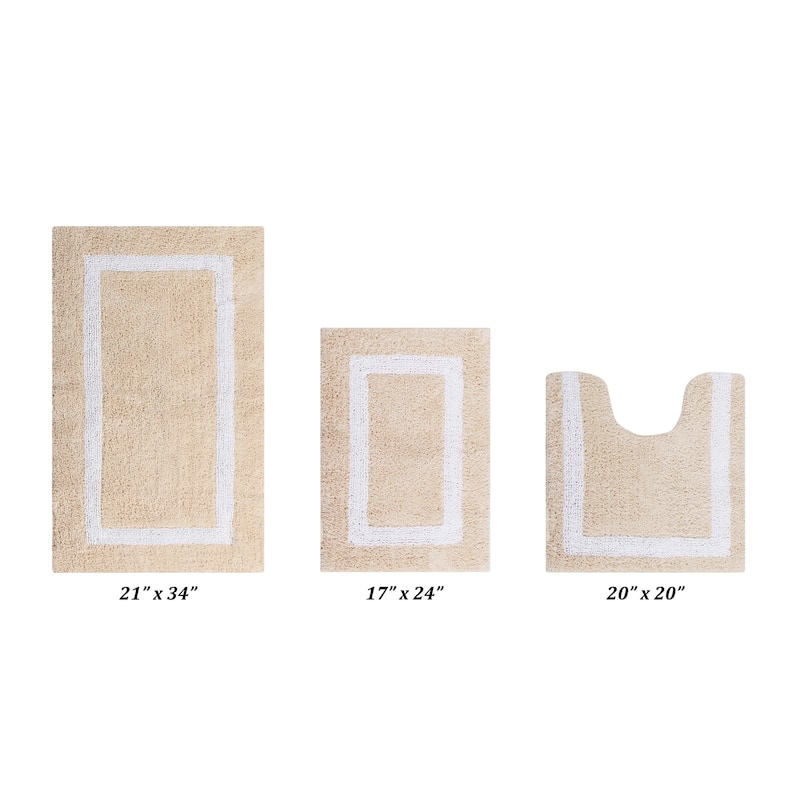 Better Trends Hotel Collection in Race Track 100% Cotton Super Absorbent Reversible Double Sided Machine Washable Bath Mat Rug - 3 Piece Set (17" x 24" | 20" x 20" | 21" x 34") - Sand & White