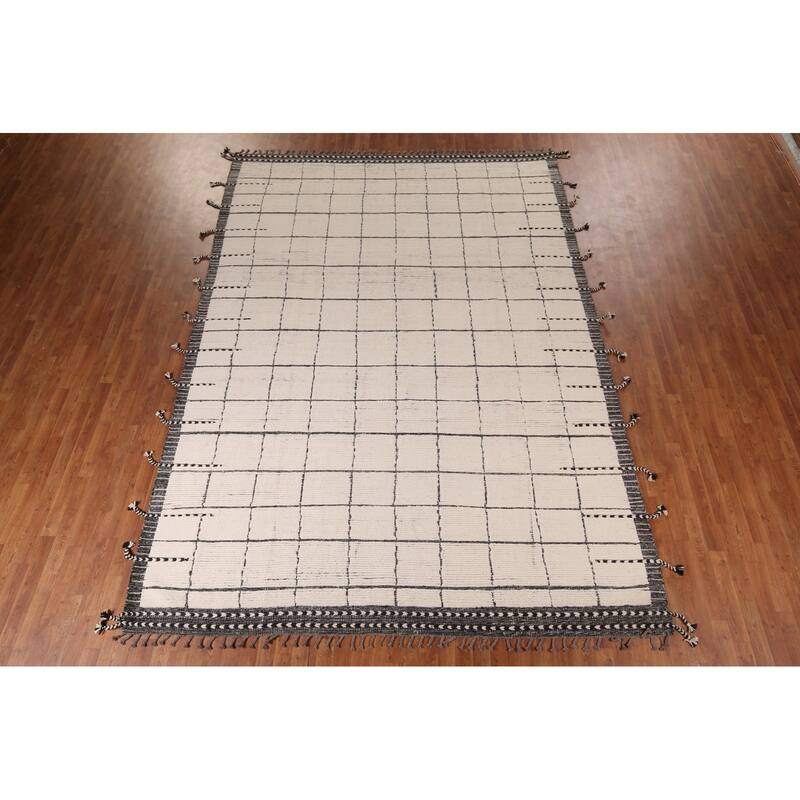 Checkered Moroccan Oriental Area Rug Hand-Knotted Wool Carpet - 8'11" x 12'9"
