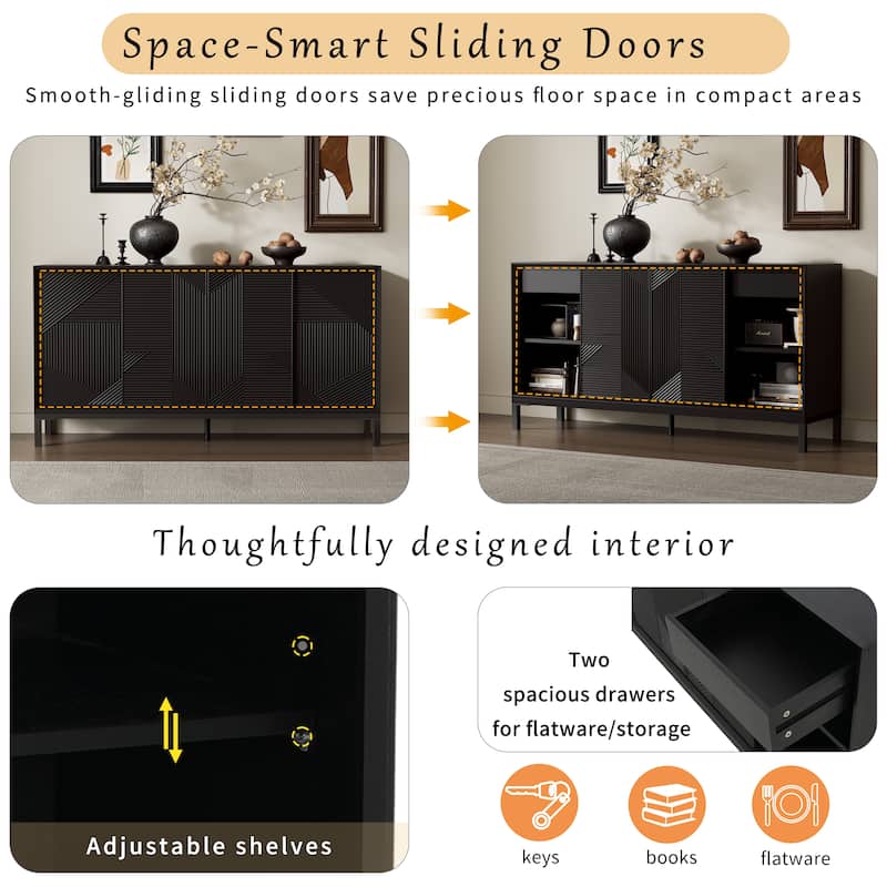 Roomfitters Modern Geometric Accent Cabinet with Sliding Doors, Vertical Striped Design, Ample Storage, Black