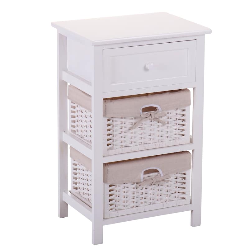 Wooden Nightstand With One Drawer Nightstand with Two Removable Baskets,White