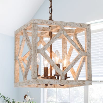 Duull Farmhouse 4-Light Large 12-in Wood Square Pendant Lights for Dining Room - L12"x W12"x H14"