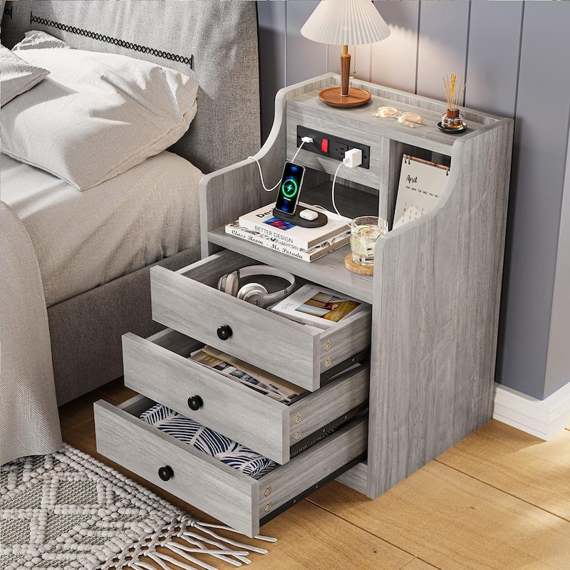 Small Nightstand 3 Drawers Charging Station End Side Table