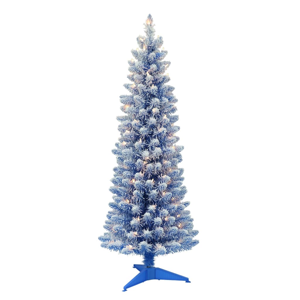 4.5' Pencil Flocked Blue Artificial Christmas Tree, Clear Lights - 4.5 Foot