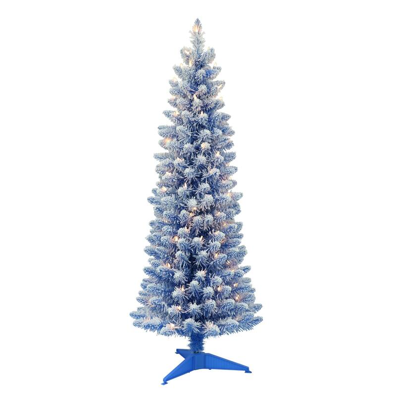 4.5' Pencil Flocked Blue Artificial Christmas Tree, Clear Lights - 4.5 Foot