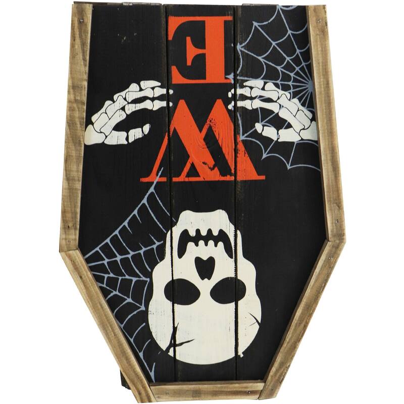 Haunted Hill Farm 33-In. Wood Coffin Welcome Sign with Folding Storage Hinges for Halloween Hanging Decoration