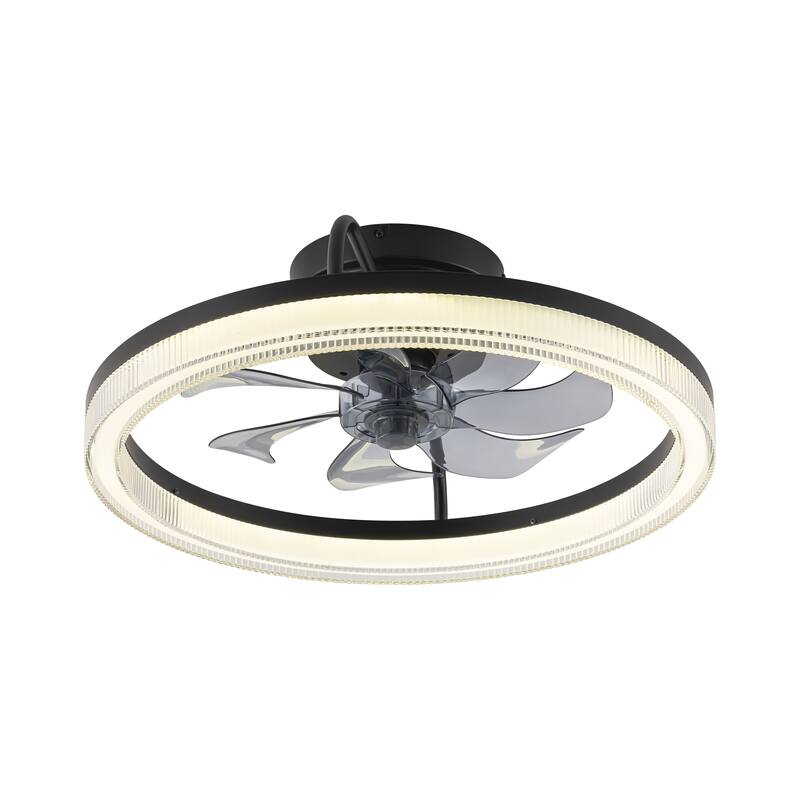Modern Black Wheel Ring Semi-Flush Color-Change Integrated LED Ceiling Fan Lighting w/ Remote Control