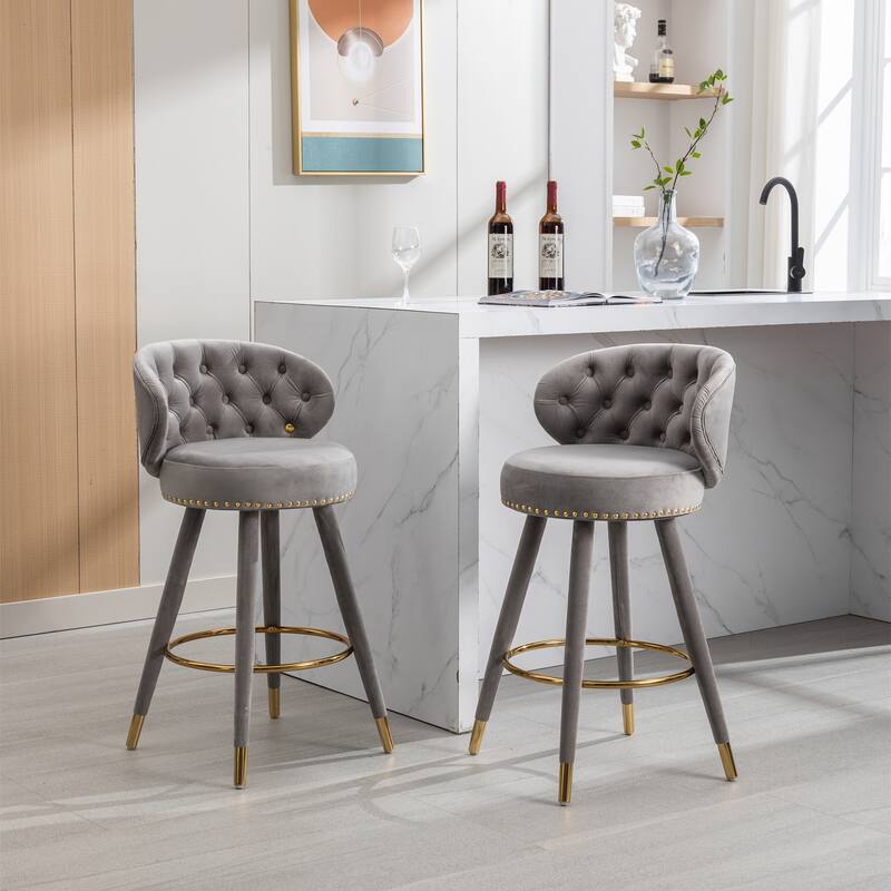 Set of 2 Counter Height Velvet Bar Stools with Solid Wood Legs - Grey