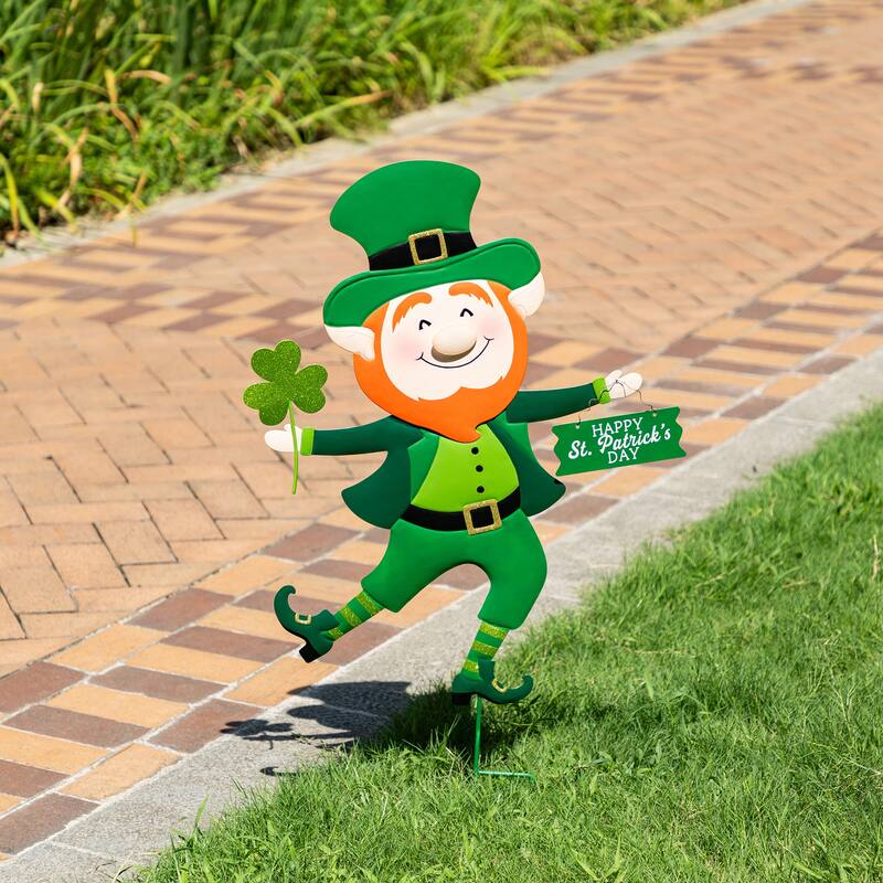 Glitzhome 36"H St. Patrick's Metal Leprechaun Decor(Three Function) - B