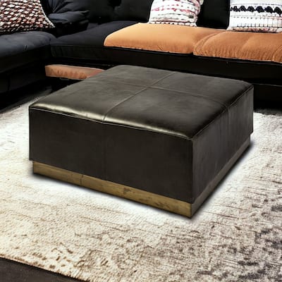 HomeRoots 36" Black Faux Leather and Brown Footstool
