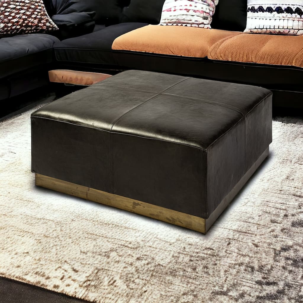 HomeRoots 36" Black Faux Leather and Brown Footstool