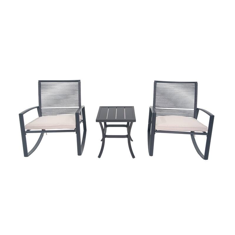 Domi Outdoor 3-Piece Wicker Rocking Chair Set, Patio Conversation Set with Removable Textilene Cushions & Metal Coffee Table