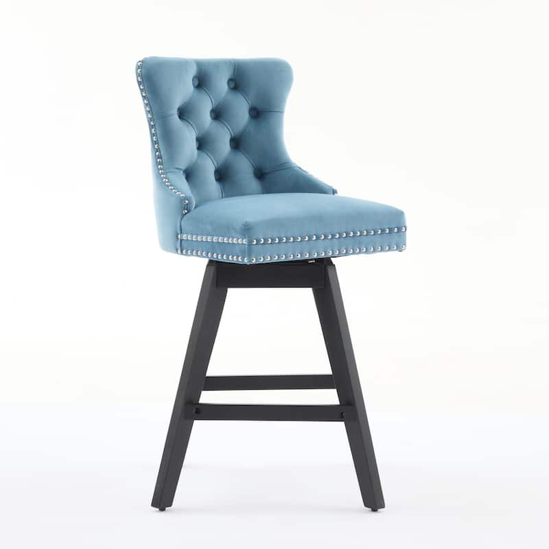 Set of 2,Swivel Velvet Barstools with Button Tufted Decoration and Wooden Legs