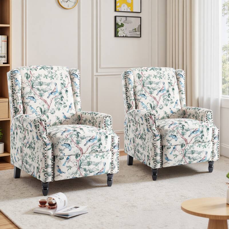 Floral Linen Manual Recliner Chair with Footrest set of 2 - BIRD