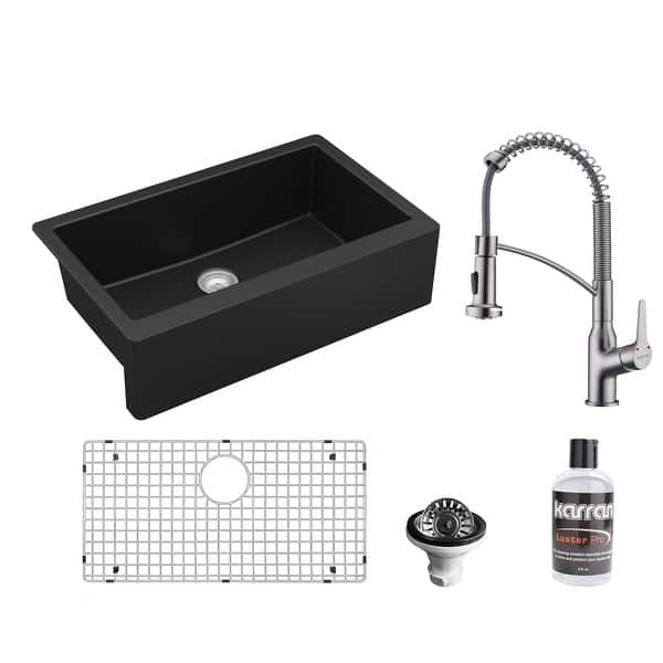 slide 2 of 10, Karran All-in-One Farmhouse/Apron-Front Quartz 34 in. Single Bowl Kitchen Sink in Black with Faucet KKF210 in Stainless Steel