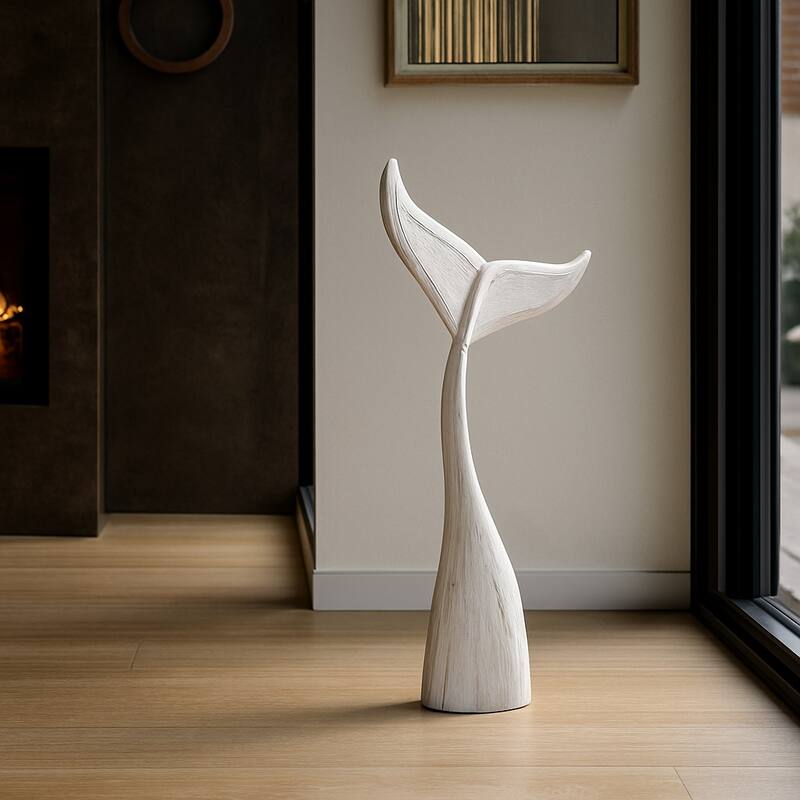 Artistic Wood Whale Tail Figurine Sculpture Home Decor - White