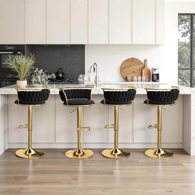 4 Set Modern Velvet Adjustable Swivel Bar Stools with Metal Frame - Gold/Black