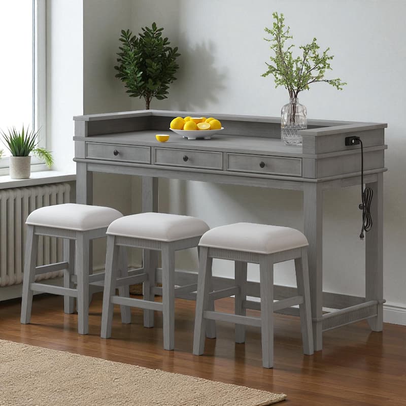 4-Piece Bar Table Dining Set for 3, 53" High Table with 3 Storage Drawers, USB Ports & 3 Upholstered Stools