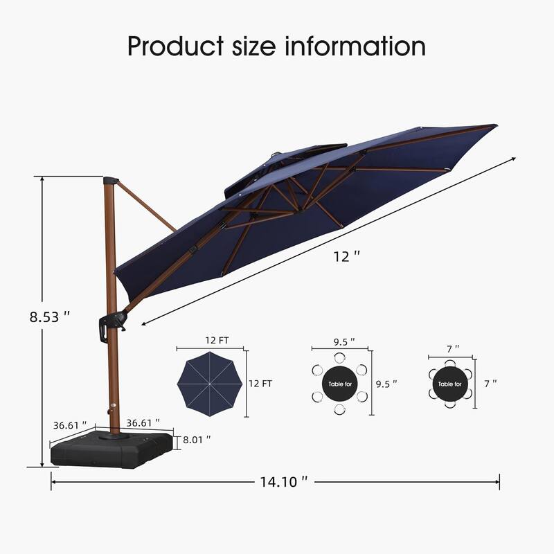 PURPLE LEAF 10/11/12ft Round Wood Pattern Patio Cantilever Umbrella with Base