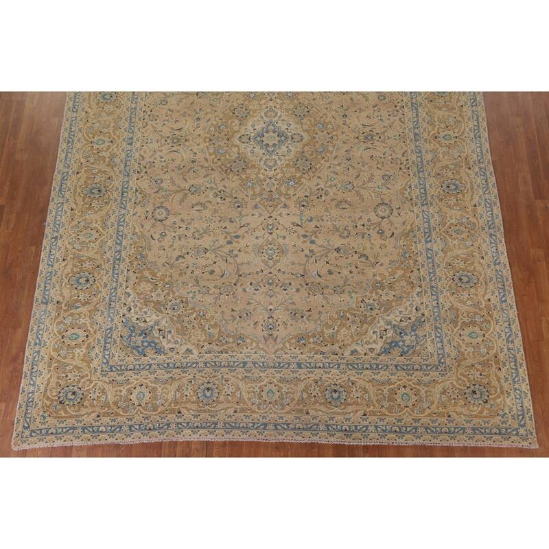 Hand Knotted Oriental 100% Wool Carpet Traditional Floral Beige & Ivories Kashan Area Rug - 13' 3'' X 9' 8''