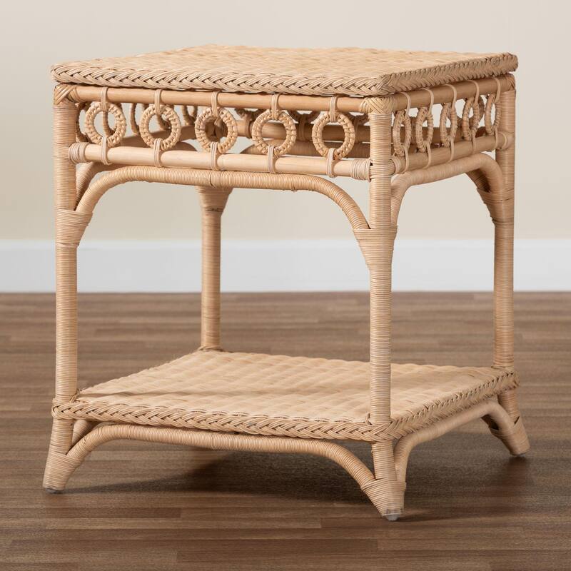 Oxford Braided Natural Rattan End Table with Shelf - Boho Table with Loop Detailing, Coastal Style for Living Room or Bedroom